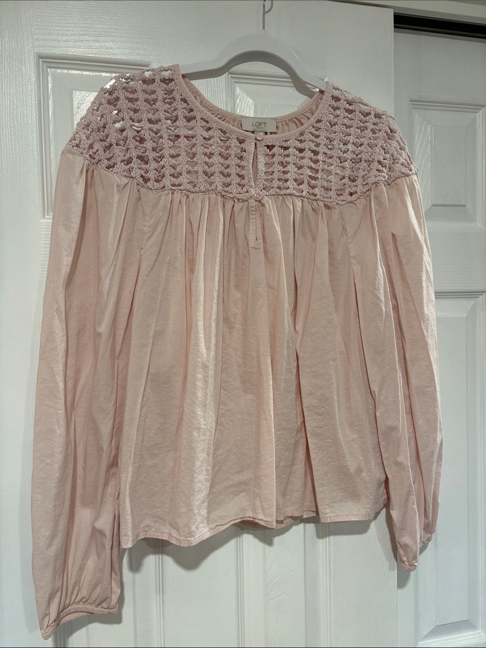 LOFT Pale Pink Crochet Yoke Long Sleeve Blouse